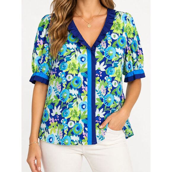 Cicy Bell Tops - Cicy Bell XL Floral Blouse Blue Green Ruffle V Neck Puff Elbow Sleeve Boho NWT